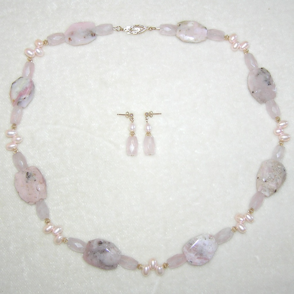 Pink Opal, Pearl & Quartz 14 kt. Gold Necklace Set